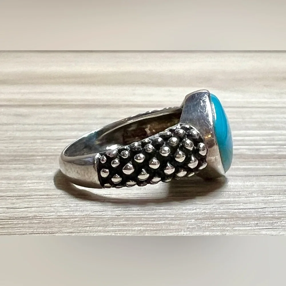 Vintage Designer Sterling Silver Pebbled Caviar Pointed Turquoise Ring, Size 6